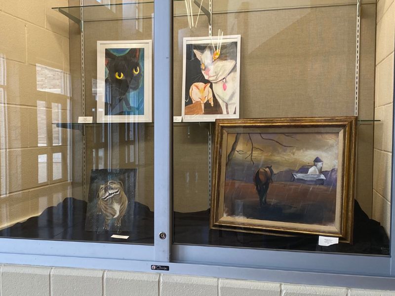 Gallery Case with work by Vivian Pina, Michelle Wielgosz, and Ashley Samack